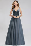 A-Line V-Neck Sleeveless Blue Floor-length Evening Dress Cheap Prom Dresses STI15055