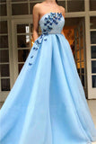 Unique A Line Blue Strapless Tulle Prom Dresses with Butterfly, Pockets Formal Dresses STI15449