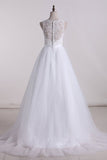 2024 V-Neck A Line Wedding Dresses Tulle With Applique PSH31NGD