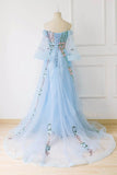 Light Blue Off the Shoulder Half Sleeve Prom Dresses, Sweetheart Evening Dress STI15238