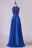 2024 Satin Prom Dresses Scoop Beaded Bodice Open Back A Line PMHLDJED