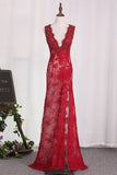 2024 Prom Dresses V Neck Lace With Beading And Slit PCEXYX1C