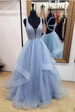 Elegant Ball Gown Lavender V Neck Prom Dresses Tulle Criss Cross Straps Dance Dresses STI15157