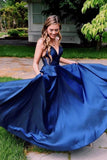 Simple V Neck Satin Prom Dress A Line Spaghetti Straps Long PK16RAXR