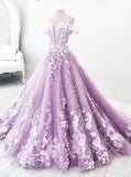 Ball Gown Off the Shoulder V Neck Tulle Lavender Beads Prom Dresses, Quinceanera Dresses STI15562