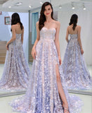 Charming Sweetheart Strapless Lace Appliques Lilac Prom Dresses with STI15632