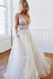 A Line Deep V-Neck Backless White Tulle Prom Dress With Appliques, Evening Dresses STI14997