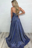 Unique High Slit Deep V Neck Sparkly Halter Prom Dresses Spaghetti Straps Formal Dresses STI15458