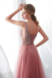 Beading V Neck High Split Tulle Sweep Train Sleeveless Evening Gown P1GPP6HS