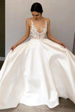 Simple A-Line Deep V Neck Satin Ivory Wedding Dress with Lace Appliques STI15387