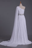 2024 White Prom Dress One Shoulder Pleated Bodice Sheath Beaded Waistline Chiffon PDDN6RT3