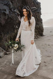 Charming A Line Long Sleeves V Neck Lace Ivory Beach Wedding Dresses, Bridal STI15623