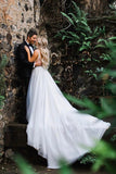 Elegant A Line Illusion Beads V Neck Tulle Long Backless Wedding Dresses, Prom Dresses STI15510