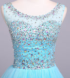 Ball Gown Blue Scoop Sequins Organza Long Prom Dresses Elegant Party Dresses