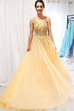 A Line Gold V Neck Beading Tulle Prom Dresses Spaghetti Straps Long Cheap Formal Dress STI14999