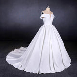 Ball Gown Off the Shoulder White Satin Wedding Dresses, Simple Cheap Wedding Gowns STI15065