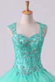 2024 Mint Sweetheart Floor Length Beaded Bodice Quinceanera Dresses Tulle Ball PC88FPDT