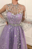 Prom Dress Long Sleeve Satin Lace A-Line Floor Length PFDBFP86