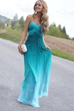 Green A-line Long Real Beauty Peacock Green Strapless Gradient Ombre Chiffon Prom Dresses