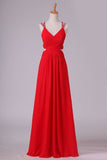 2024 Red A Line Prom Dresses Spaghetti Straps Open Back With Ruffles And PEG3ET39