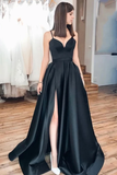 Black Spaghetti Straps Split Long Satin Prom Dress A Line Simple Long Formal STIP5G4JRHJ