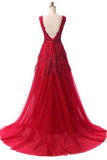 Elegant A Line Tulle Lace Appliques V Neck Backless Beads Red Long Prom Dresses