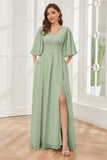 Half Sleeves V-neck Chiffon Bridesmaid Dresses