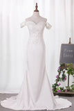 Elegant Mermaid Off the Shoulder Sweetheart Lace Appliques Satin Wedding Dresses