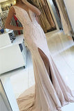 Sheath V Neck Pearl Pink Backless Beads Slit Satin Mermaid Sleeveless Prom Dresses