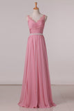 2024 Bridesmaid Dresses A Line V Neck Beaded Waistline Chiffon With PSXD3HFA