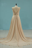 2024 V Neck Wedding Dresses A Line Chiffon With Beads P61DXYGC