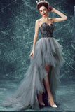 Elegant High Low Strapless Sweetheart Feathers Tulle Gray Prom Dresses with Lace STI20415