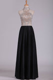 2024 Prom Dresses High Neck Beaded Bodice Satin A Line Floor PB3Y8EHJ