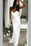 Elegant Mermaid Cowl Neckline White Simple Wedding Dresses, Spaghetti Straps Bridal Dress STI15177