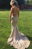 Elegant V Neck Halter Mermaid Appliques Prom Dresses with Beadding, Backless Party Dress STI15213