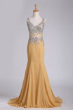 2024 New Arrival Chiffon Prom Dresses Straps With Beading Sweep Train PA2ASBQL