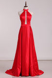 New Arrival Halter A Line Evening Dresses Satin Sweep STIPXRSZSBM