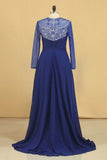 2024 Long Sleeves Scoop A-Line Chiffon With Beads And Ruffles Prom P6E7HBGM