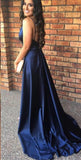 Simple Dark Navy Deep V-neck Split Long Prom Evening Gowns with Train Prom Dresses