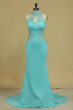 2024 High Neck Open Back Prom Dresses With Applique Sweep Train PYF6S4CQ