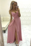 Simple Spaghetti Straps V Neck Ruffles Prom Dress with Pleats, High Slit Evening Dress STI15533