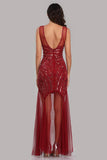 See Through Burgundy Mermaid Bateau Prom Dresses with Beading Tulle Party Dresses STI15324