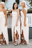 A Line Chiffon Spaghetti Straps Blush Pink Bridesmaid Dresses with Split, Long Prom Dress STI15486