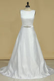 2024 Wedding Dresses A Line Scoop Satin With Beads PQ1FX1AR