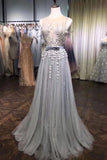 A Line Grey Tulle Beads 3D Flowers Round Neck Long Prom Dresses with Belt STI15000