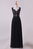 2024 Straps Prom Dresses With Applique And Beads Open Back A PRPM966X