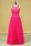 2024 A Line Open Back Scoop Prom Dresses Tulle With Applique & Beading Floor PL12SMBM