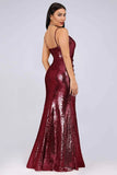 Sexy Spaghetti Straps Burgundy Sequins V Neck Party Dresses Mermaid Prom Dresses STI15358