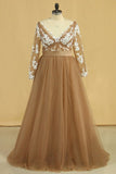 2024 Plus Size Long Sleeves V-Neck A-Line Prom Gown Tulle With Sash & PGJ8KANH