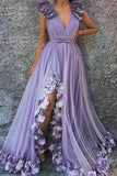 Charming A Line V Neck Long Flowers Rushed Tahiti Prom Dresses With Silt STI15093